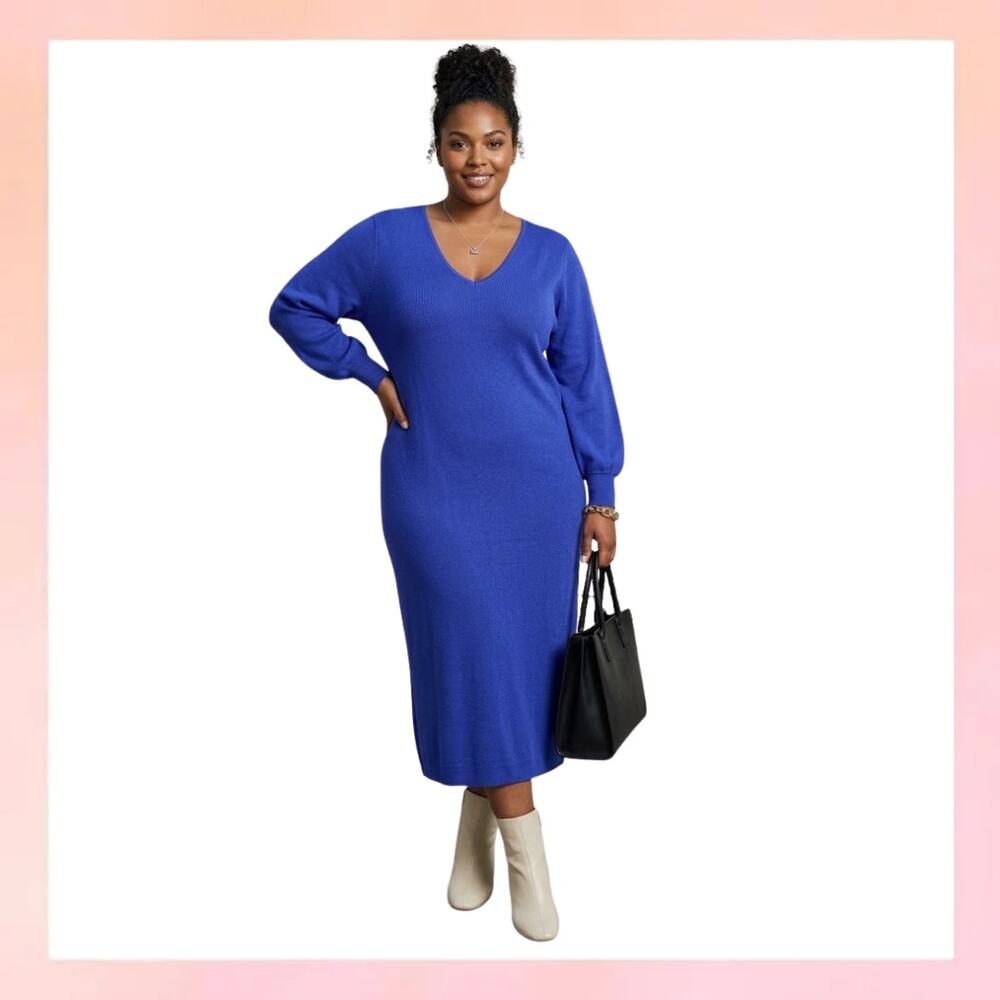AVA & VIV Cobalt Blue V-Neck Midi Sweater Dress Size X